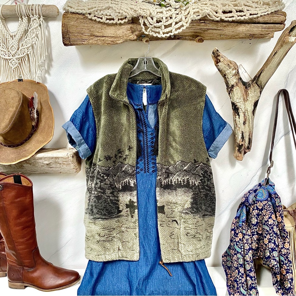 Cottage core teddy vintage vest-scenic country/mountains/fishing/lake art image